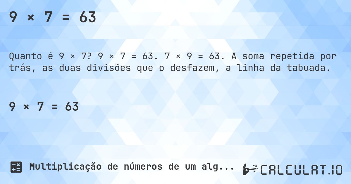 9 × 7 = 63. 9 × 7 = 63. 7 × 9 = 63. A soma repetida por trás, as duas divisões que o desfazem, a linha da tabuada.