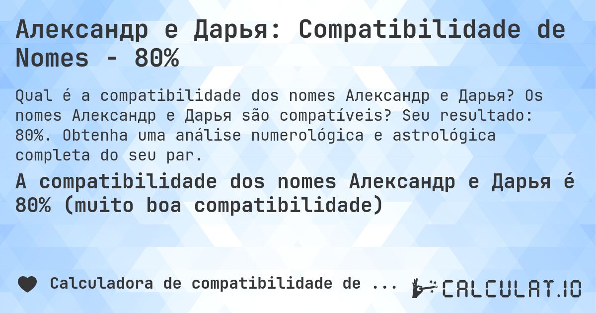 Александр e Дарья: Compatibilidade de Nomes - 80%. Os nomes Александр e Дарья são compatíveis? Seu resultado: 80%. Obtenha uma análise numerológica e astrológica completa do seu par.