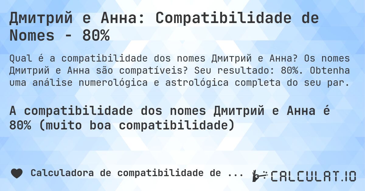 Дмитрий e Анна: Compatibilidade de Nomes - 80%. Os nomes Дмитрий e Анна são compatíveis? Seu resultado: 80%. Obtenha uma análise numerológica e astrológica completa do seu par.