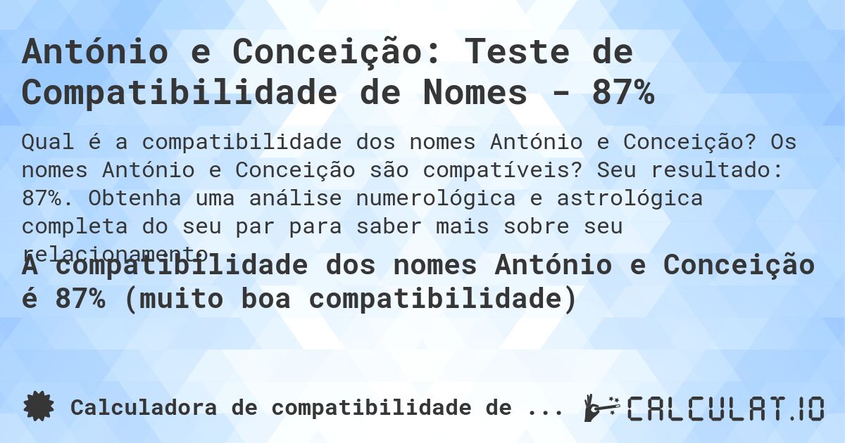 António e Conceição: Teste de Compatibilidade de Nomes - 87%. Os nomes António e Conceição são compatíveis? Seu resultado: 87%. Obtenha uma análise numerológica e astrológica completa do seu par para saber mais sobre seu relacionamento.