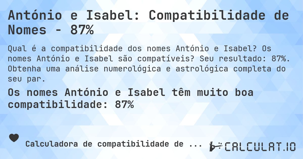 António e Isabel: Compatibilidade de Nomes - 87%. Os nomes António e Isabel são compatíveis? Seu resultado: 87%. Obtenha uma análise numerológica e astrológica completa do seu par.