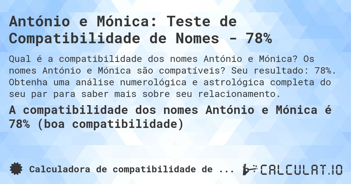 António e Mónica: Teste de Compatibilidade de Nomes - 78%. Os nomes António e Mónica são compatíveis? Seu resultado: 78%. Obtenha uma análise numerológica e astrológica completa do seu par para saber mais sobre seu relacionamento.