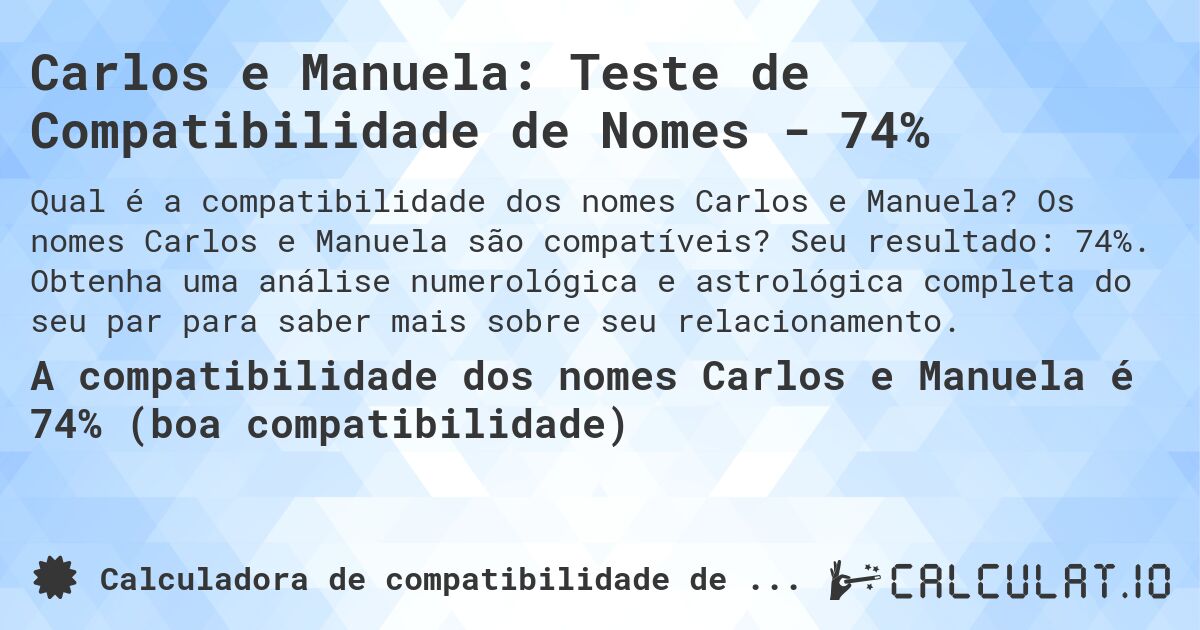 Carlos e Manuela: Teste de Compatibilidade de Nomes - 74%. Os nomes Carlos e Manuela são compatíveis? Seu resultado: 74%. Obtenha uma análise numerológica e astrológica completa do seu par para saber mais sobre seu relacionamento.