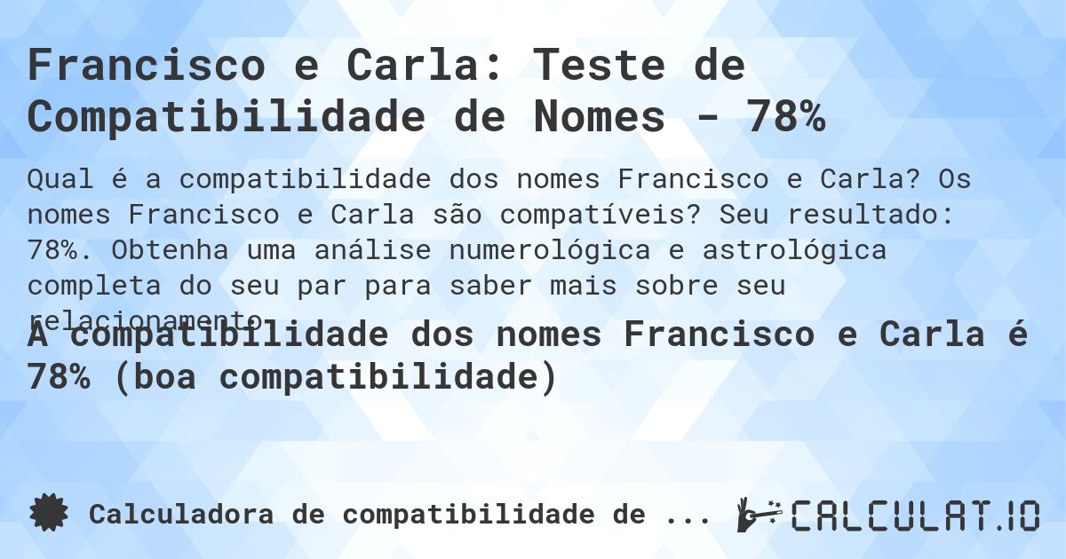 Francisco e Carla: Teste de Compatibilidade de Nomes - 78%. Os nomes Francisco e Carla são compatíveis? Seu resultado: 78%. Obtenha uma análise numerológica e astrológica completa do seu par para saber mais sobre seu relacionamento.