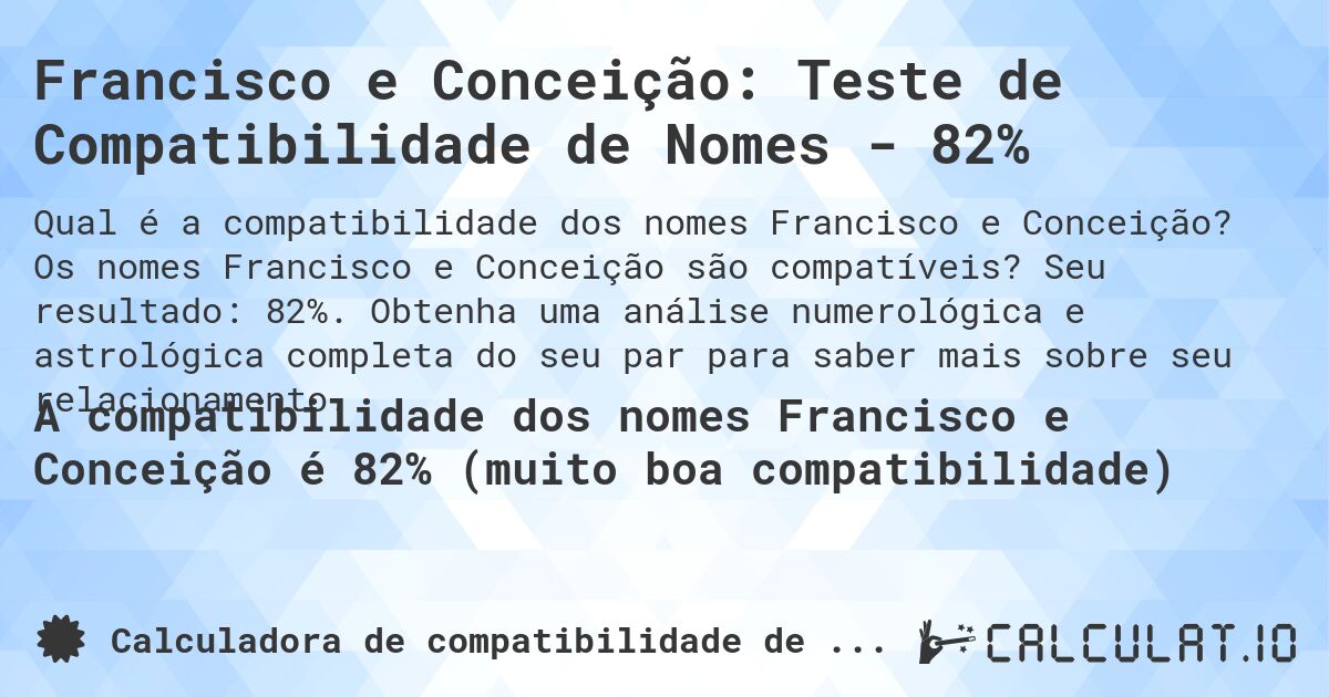 Francisco e Conceição: Teste de Compatibilidade de Nomes - 82%. Os nomes Francisco e Conceição são compatíveis? Seu resultado: 82%. Obtenha uma análise numerológica e astrológica completa do seu par para saber mais sobre seu relacionamento.