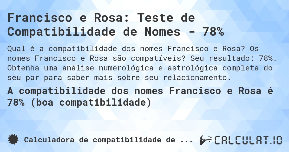Francisco e Rosa: Teste de Compatibilidade de Nomes - 78%. Os nomes Francisco e Rosa são compatíveis? Seu resultado: 78%. Obtenha uma análise numerológica e astrológica completa do seu par para saber mais sobre seu relacionamento.