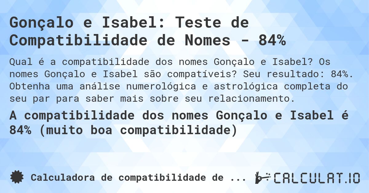 Gonçalo e Isabel: Teste de Compatibilidade de Nomes - 84%. Os nomes Gonçalo e Isabel são compatíveis? Seu resultado: 84%. Obtenha uma análise numerológica e astrológica completa do seu par para saber mais sobre seu relacionamento.
