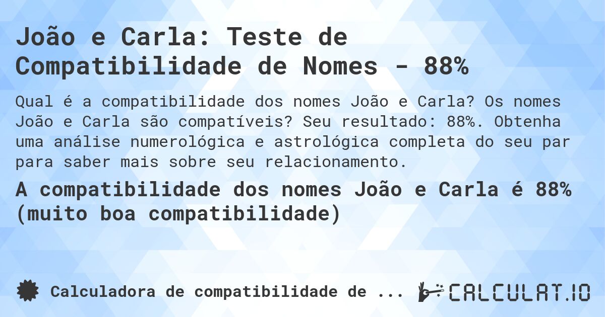 João e Carla: Teste de Compatibilidade de Nomes - 88%. Os nomes João e Carla são compatíveis? Seu resultado: 88%. Obtenha uma análise numerológica e astrológica completa do seu par para saber mais sobre seu relacionamento.