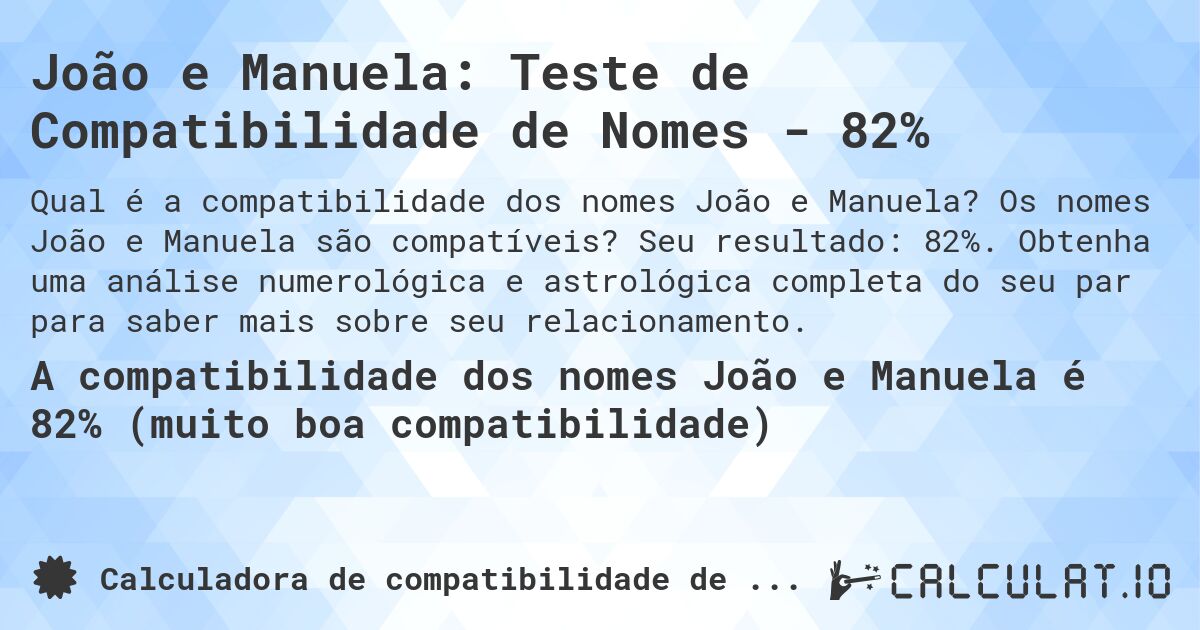 João e Manuela: Teste de Compatibilidade de Nomes - 82%. Os nomes João e Manuela são compatíveis? Seu resultado: 82%. Obtenha uma análise numerológica e astrológica completa do seu par para saber mais sobre seu relacionamento.