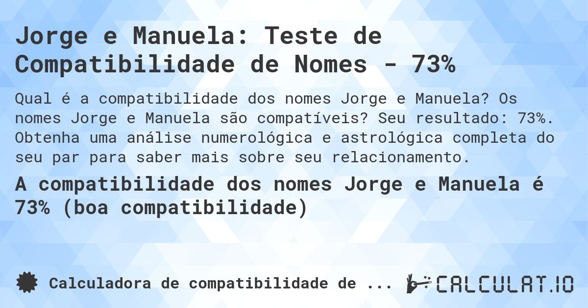 Jorge e Manuela: Teste de Compatibilidade de Nomes - 73%. Os nomes Jorge e Manuela são compatíveis? Seu resultado: 73%. Obtenha uma análise numerológica e astrológica completa do seu par para saber mais sobre seu relacionamento.