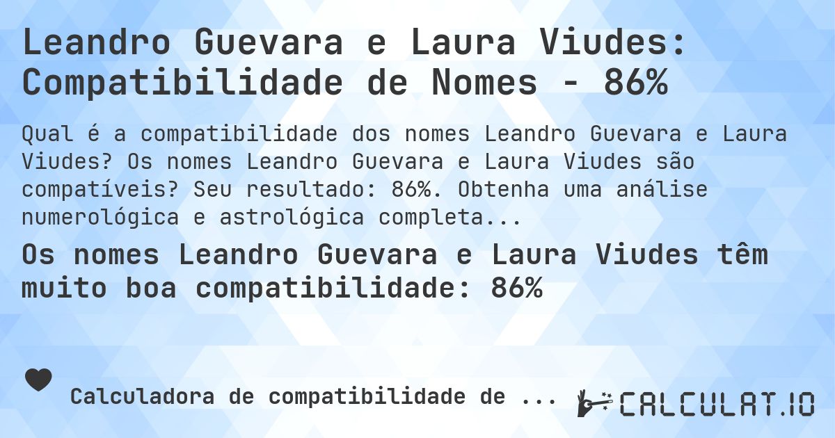 Leandro Guevara e Laura Viudes: Compatibilidade de Nomes - 86%. Os nomes Leandro Guevara e Laura Viudes são compatíveis? Seu resultado: 86%. Obtenha uma análise numerológica e astrológica completa do seu par.