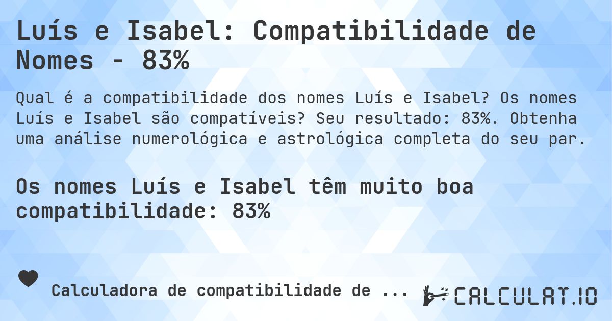 Luís e Isabel: Compatibilidade de Nomes - 83%. Os nomes Luís e Isabel são compatíveis? Seu resultado: 83%. Obtenha uma análise numerológica e astrológica completa do seu par.