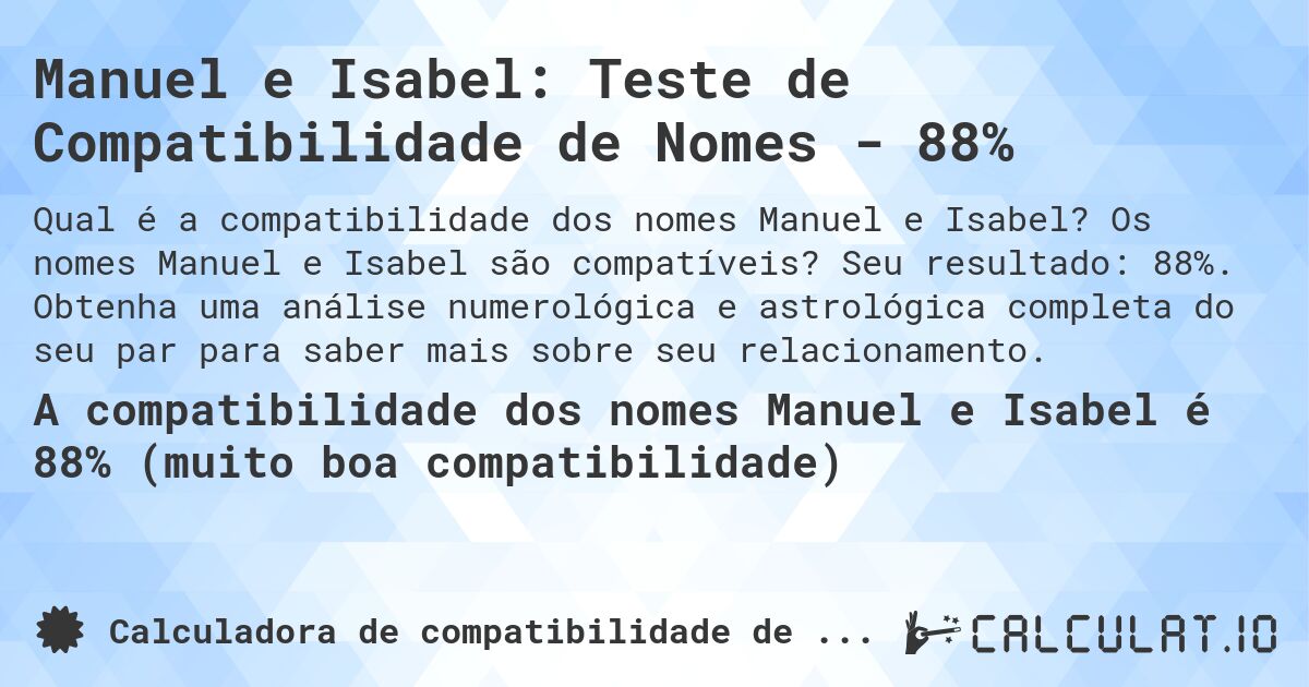 Manuel e Isabel: Teste de Compatibilidade de Nomes - 88%. Os nomes Manuel e Isabel são compatíveis? Seu resultado: 88%. Obtenha uma análise numerológica e astrológica completa do seu par para saber mais sobre seu relacionamento.