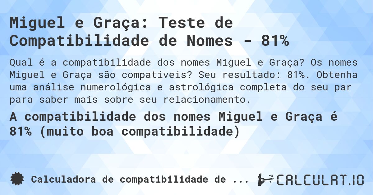 Miguel e Graça: Teste de Compatibilidade de Nomes - 81%. Os nomes Miguel e Graça são compatíveis? Seu resultado: 81%. Obtenha uma análise numerológica e astrológica completa do seu par para saber mais sobre seu relacionamento.