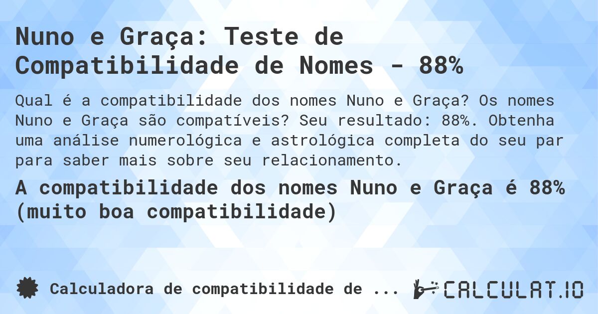 Nuno e Graça: Teste de Compatibilidade de Nomes - 88%. Os nomes Nuno e Graça são compatíveis? Seu resultado: 88%. Obtenha uma análise numerológica e astrológica completa do seu par para saber mais sobre seu relacionamento.