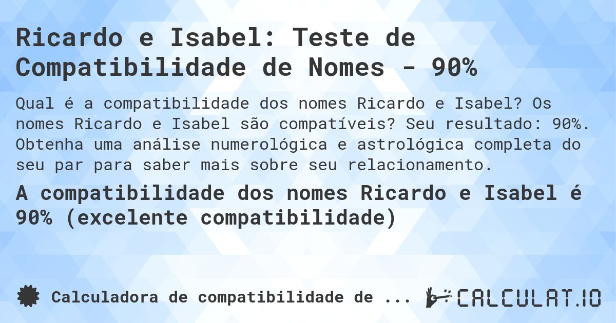 Ricardo e Isabel: Teste de Compatibilidade de Nomes - 90%. Os nomes Ricardo e Isabel são compatíveis? Seu resultado: 90%. Obtenha uma análise numerológica e astrológica completa do seu par para saber mais sobre seu relacionamento.