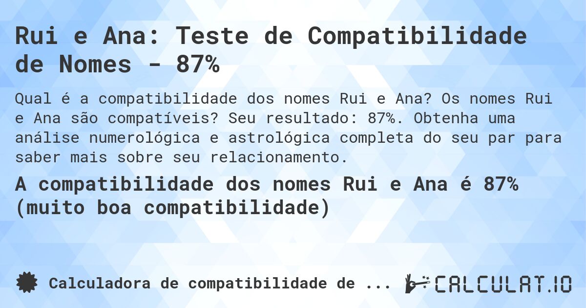 Rui e Ana: Teste de Compatibilidade de Nomes - 87%. Os nomes Rui e Ana são compatíveis? Seu resultado: 87%. Obtenha uma análise numerológica e astrológica completa do seu par para saber mais sobre seu relacionamento.