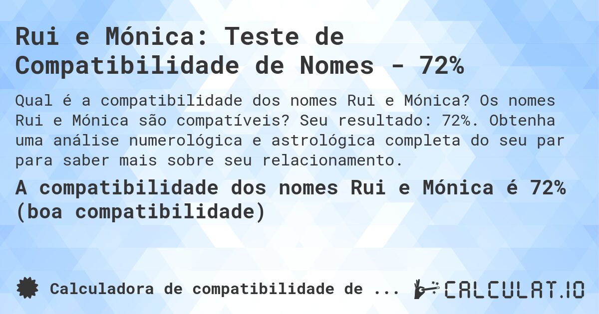 Rui e Mónica: Teste de Compatibilidade de Nomes - 72%. Os nomes Rui e Mónica são compatíveis? Seu resultado: 72%. Obtenha uma análise numerológica e astrológica completa do seu par para saber mais sobre seu relacionamento.