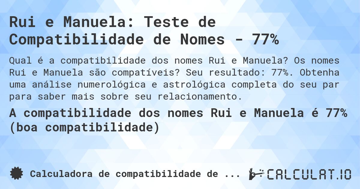 Rui e Manuela: Teste de Compatibilidade de Nomes - 77%. Os nomes Rui e Manuela são compatíveis? Seu resultado: 77%. Obtenha uma análise numerológica e astrológica completa do seu par para saber mais sobre seu relacionamento.