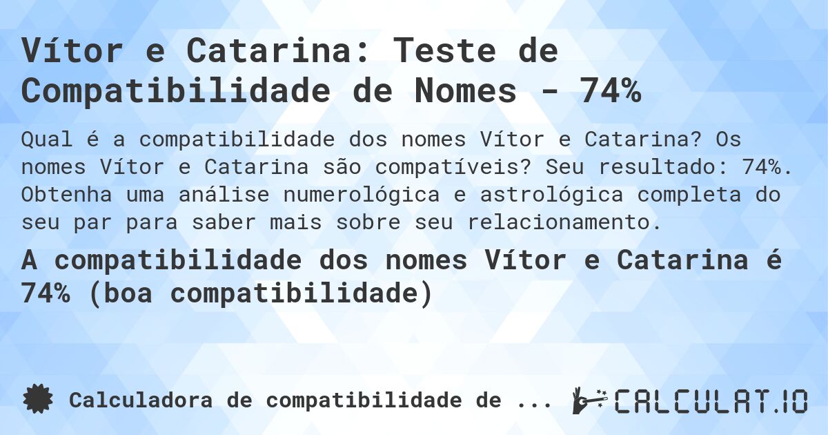 Vítor e Catarina: Teste de Compatibilidade de Nomes - 74%. Os nomes Vítor e Catarina são compatíveis? Seu resultado: 74%. Obtenha uma análise numerológica e astrológica completa do seu par para saber mais sobre seu relacionamento.