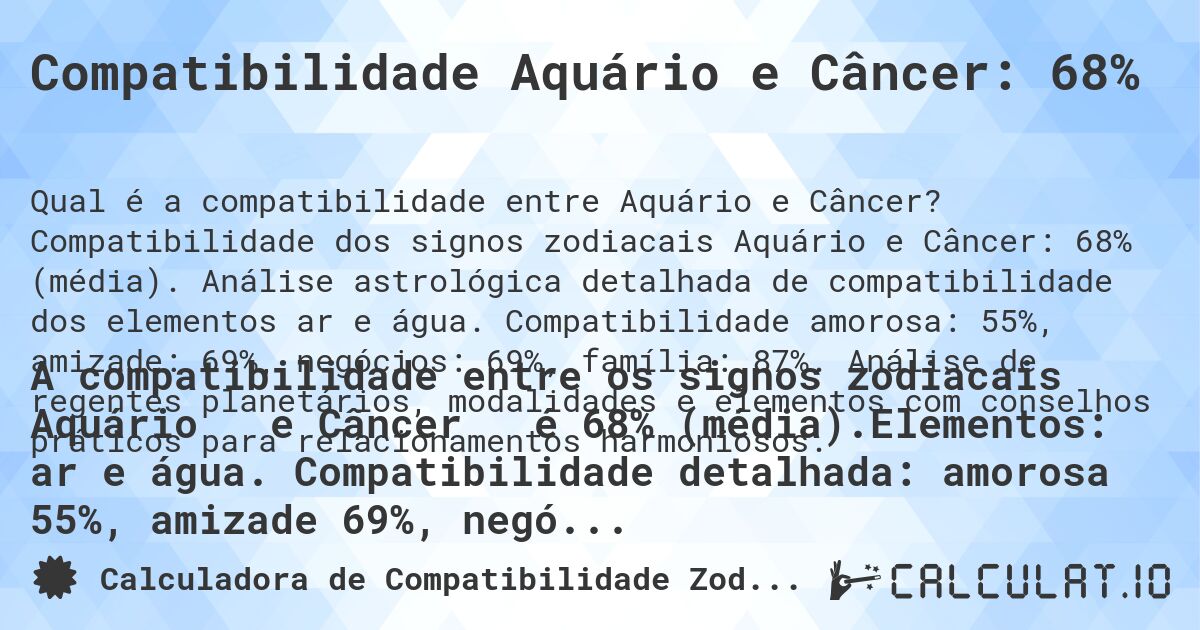 Compatibilidade Aquário e Câncer: 68%. Compatibilidade dos signos zodiacais Aquário e Câncer: 68% (média). Análise astrológica detalhada de compatibilidade dos elementos ar e água. Compatibilidade amorosa: 55%, amizade: 69%, negócios: 69%, família: 87%. Análise de regentes planetários, modalidades e elementos com conselhos práticos para relacionamentos harmoniosos.