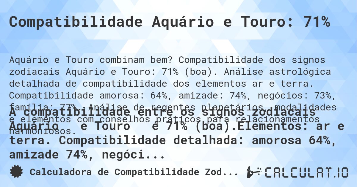 Compatibilidade Aquário e Touro: 71%. Compatibilidade dos signos zodiacais Aquário e Touro: 71% (boa). Análise astrológica detalhada de compatibilidade dos elementos ar e terra. Compatibilidade amorosa: 64%, amizade: 74%, negócios: 73%, família: 77%. Análise de regentes planetários, modalidades e elementos com conselhos práticos para relacionamentos harmoniosos.
