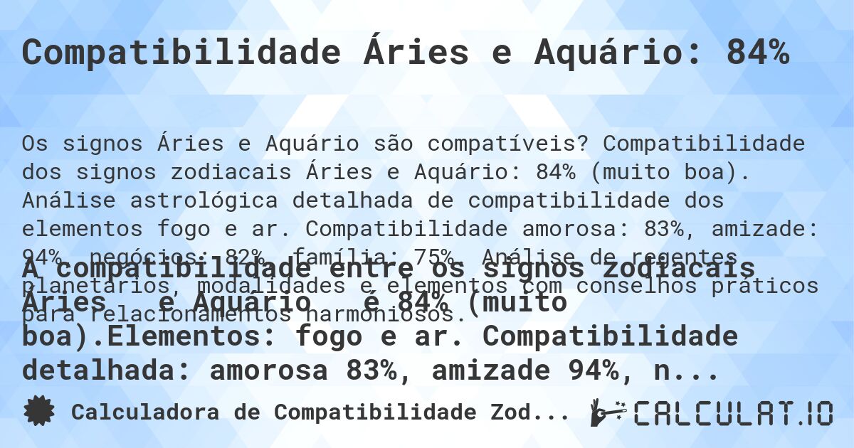 Compatibilidade Áries e Aquário: 84%. Compatibilidade dos signos zodiacais Áries e Aquário: 84% (muito boa). Análise astrológica detalhada de compatibilidade dos elementos fogo e ar. Compatibilidade amorosa: 83%, amizade: 94%, negócios: 82%, família: 75%. Análise de regentes planetários, modalidades e elementos com conselhos práticos para relacionamentos harmoniosos.