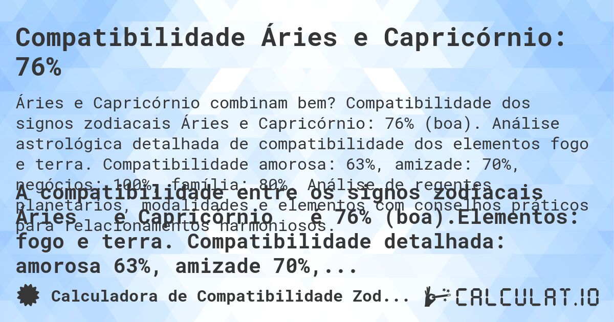 Compatibilidade Áries e Capricórnio: 76%. Compatibilidade dos signos zodiacais Áries e Capricórnio: 76% (boa). Análise astrológica detalhada de compatibilidade dos elementos fogo e terra. Compatibilidade amorosa: 63%, amizade: 70%, negócios: 100%, família: 80%. Análise de regentes planetários, modalidades e elementos com conselhos práticos para relacionamentos harmoniosos.