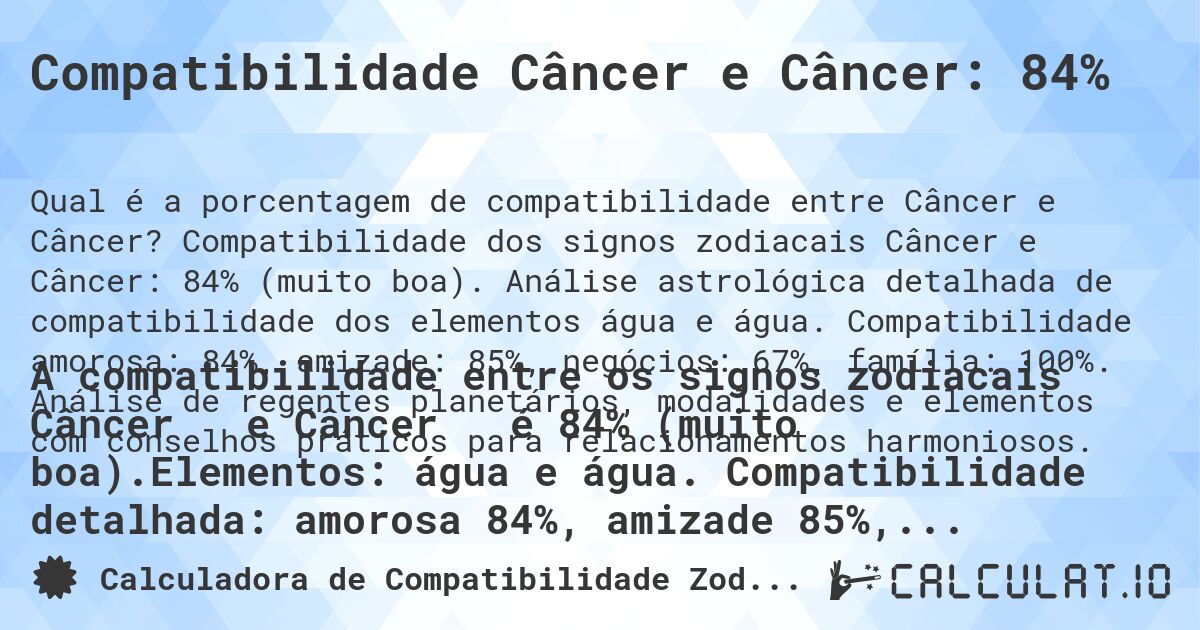 Compatibilidade Câncer e Câncer: 84%. Compatibilidade dos signos zodiacais Câncer e Câncer: 84% (muito boa). Análise astrológica detalhada de compatibilidade dos elementos água e água. Compatibilidade amorosa: 84%, amizade: 85%, negócios: 67%, família: 100%. Análise de regentes planetários, modalidades e elementos com conselhos práticos para relacionamentos harmoniosos.