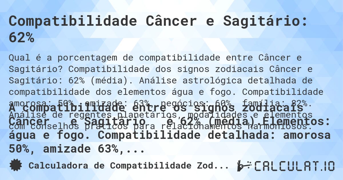 Compatibilidade Câncer e Sagitário: 62%. Compatibilidade dos signos zodiacais Câncer e Sagitário: 62% (média). Análise astrológica detalhada de compatibilidade dos elementos água e fogo. Compatibilidade amorosa: 50%, amizade: 63%, negócios: 60%, família: 82%. Análise de regentes planetários, modalidades e elementos com conselhos práticos para relacionamentos harmoniosos.
