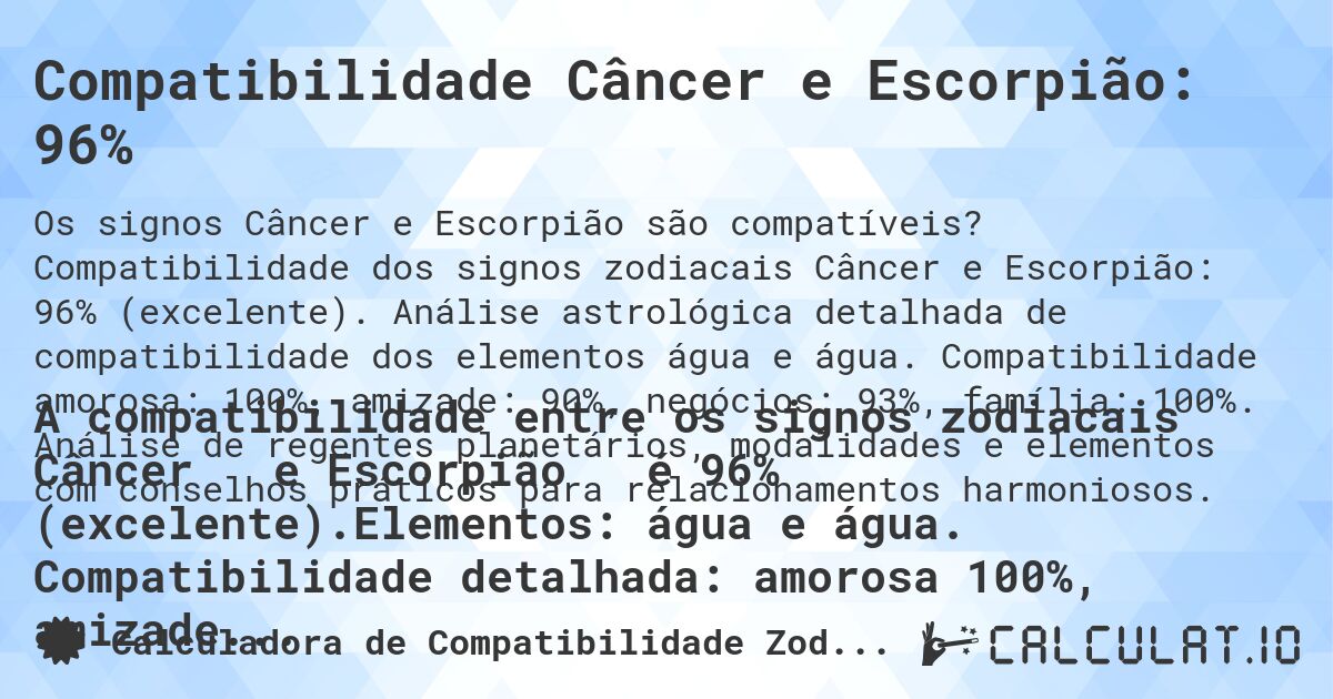 Compatibilidade Câncer e Escorpião: 96%. Compatibilidade dos signos zodiacais Câncer e Escorpião: 96% (excelente). Análise astrológica detalhada de compatibilidade dos elementos água e água. Compatibilidade amorosa: 100%, amizade: 90%, negócios: 93%, família: 100%. Análise de regentes planetários, modalidades e elementos com conselhos práticos para relacionamentos harmoniosos.