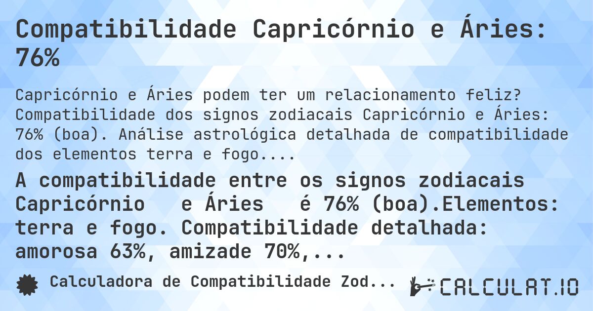 Compatibilidade Capricórnio e Áries: 76%. Compatibilidade dos signos zodiacais Capricórnio e Áries: 76% (boa). Análise astrológica detalhada de compatibilidade dos elementos terra e fogo. Compatibilidade amorosa: 63%, amizade: 70%, negócios: 100%, família: 80%. Análise de regentes planetários, modalidades e elementos com conselhos práticos para relacionamentos harmoniosos.