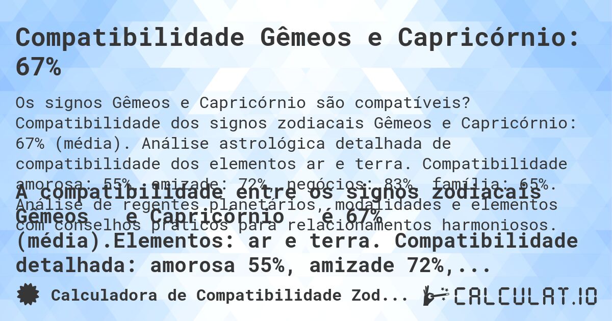 Compatibilidade Gêmeos e Capricórnio: 67%. Compatibilidade dos signos zodiacais Gêmeos e Capricórnio: 67% (média). Análise astrológica detalhada de compatibilidade dos elementos ar e terra. Compatibilidade amorosa: 55%, amizade: 72%, negócios: 83%, família: 65%. Análise de regentes planetários, modalidades e elementos com conselhos práticos para relacionamentos harmoniosos.