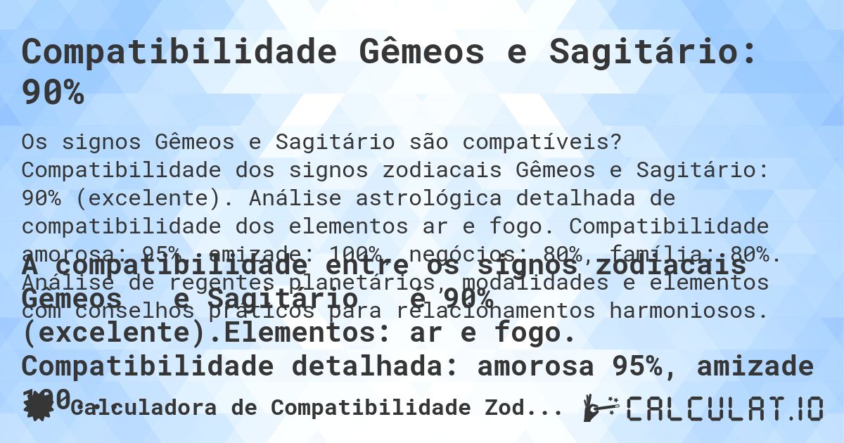 Compatibilidade Gêmeos e Sagitário: 90%. Compatibilidade dos signos zodiacais Gêmeos e Sagitário: 90% (excelente). Análise astrológica detalhada de compatibilidade dos elementos ar e fogo. Compatibilidade amorosa: 95%, amizade: 100%, negócios: 80%, família: 80%. Análise de regentes planetários, modalidades e elementos com conselhos práticos para relacionamentos harmoniosos.