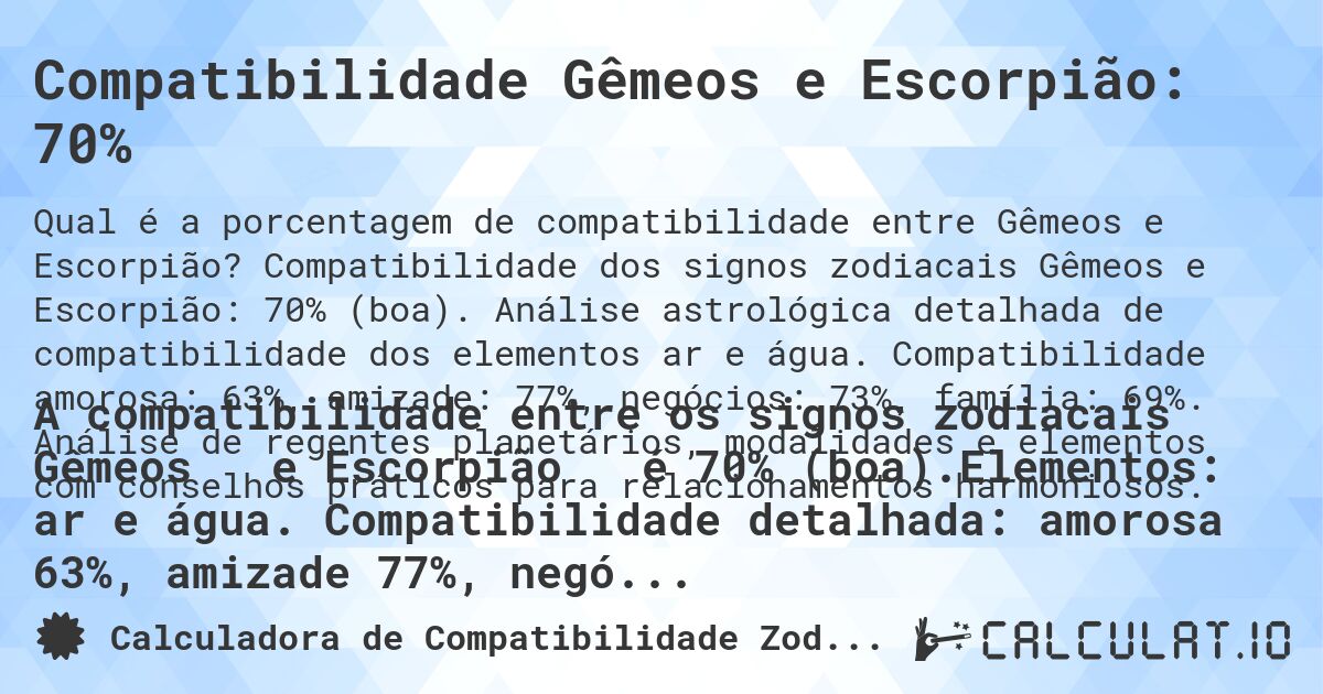 Compatibilidade Gêmeos e Escorpião: 70%. Compatibilidade dos signos zodiacais Gêmeos e Escorpião: 70% (boa). Análise astrológica detalhada de compatibilidade dos elementos ar e água. Compatibilidade amorosa: 63%, amizade: 77%, negócios: 73%, família: 69%. Análise de regentes planetários, modalidades e elementos com conselhos práticos para relacionamentos harmoniosos.