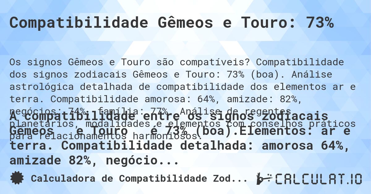 Compatibilidade Gêmeos e Touro: 73%. Compatibilidade dos signos zodiacais Gêmeos e Touro: 73% (boa). Análise astrológica detalhada de compatibilidade dos elementos ar e terra. Compatibilidade amorosa: 64%, amizade: 82%, negócios: 74%, família: 77%. Análise de regentes planetários, modalidades e elementos com conselhos práticos para relacionamentos harmoniosos.