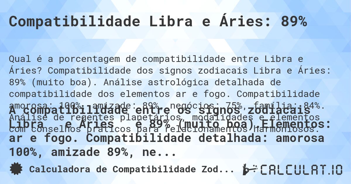 Compatibilidade Libra e Áries: 89%. Compatibilidade dos signos zodiacais Libra e Áries: 89% (muito boa). Análise astrológica detalhada de compatibilidade dos elementos ar e fogo. Compatibilidade amorosa: 100%, amizade: 89%, negócios: 75%, família: 84%. Análise de regentes planetários, modalidades e elementos com conselhos práticos para relacionamentos harmoniosos.