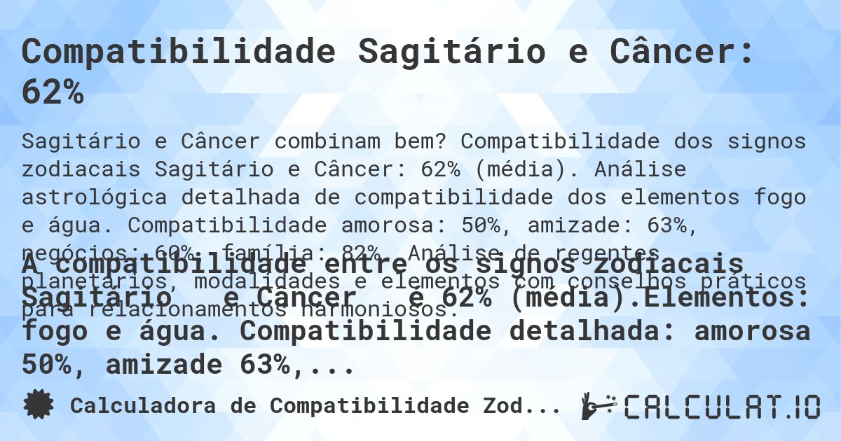 Compatibilidade Sagitário e Câncer: 62%. Compatibilidade dos signos zodiacais Sagitário e Câncer: 62% (média). Análise astrológica detalhada de compatibilidade dos elementos fogo e água. Compatibilidade amorosa: 50%, amizade: 63%, negócios: 60%, família: 82%. Análise de regentes planetários, modalidades e elementos com conselhos práticos para relacionamentos harmoniosos.