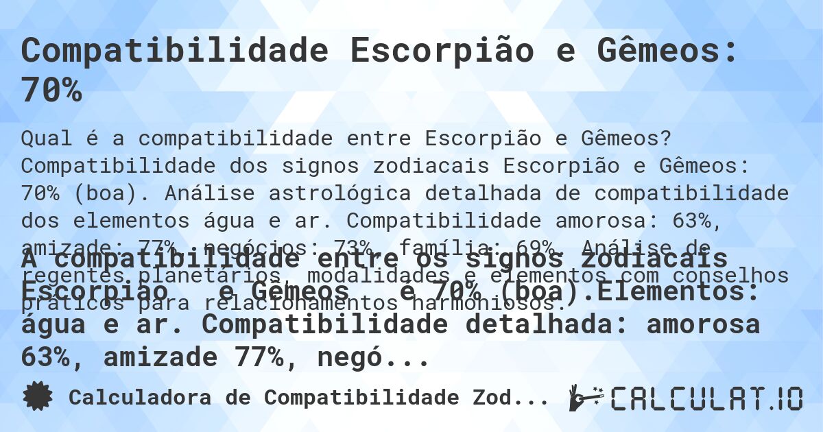 Compatibilidade Escorpião e Gêmeos: 70%. Compatibilidade dos signos zodiacais Escorpião e Gêmeos: 70% (boa). Análise astrológica detalhada de compatibilidade dos elementos água e ar. Compatibilidade amorosa: 63%, amizade: 77%, negócios: 73%, família: 69%. Análise de regentes planetários, modalidades e elementos com conselhos práticos para relacionamentos harmoniosos.