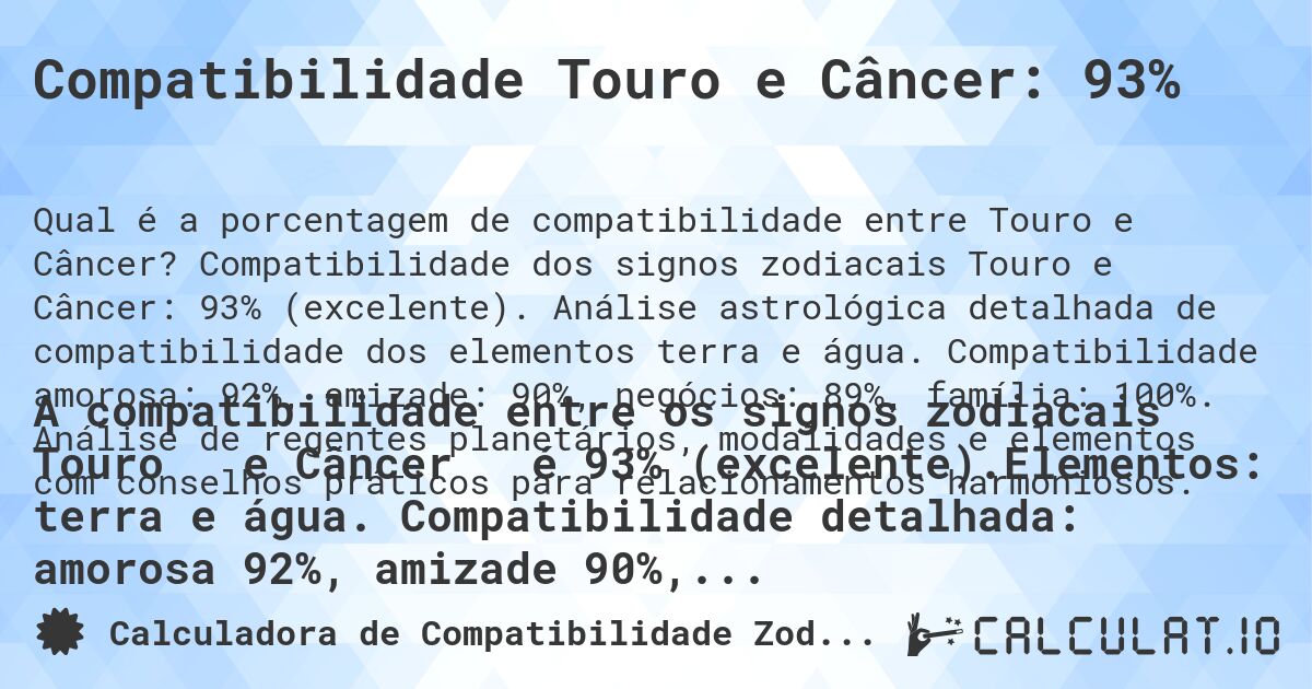 Compatibilidade Touro e Câncer: 93%. Compatibilidade dos signos zodiacais Touro e Câncer: 93% (excelente). Análise astrológica detalhada de compatibilidade dos elementos terra e água. Compatibilidade amorosa: 92%, amizade: 90%, negócios: 89%, família: 100%. Análise de regentes planetários, modalidades e elementos com conselhos práticos para relacionamentos harmoniosos.