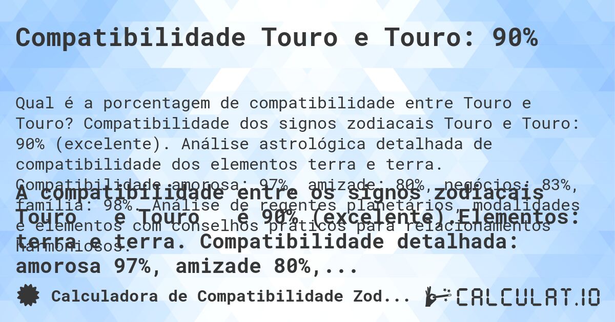 Compatibilidade Touro e Touro: 90%. Compatibilidade dos signos zodiacais Touro e Touro: 90% (excelente). Análise astrológica detalhada de compatibilidade dos elementos terra e terra. Compatibilidade amorosa: 97%, amizade: 80%, negócios: 83%, família: 98%. Análise de regentes planetários, modalidades e elementos com conselhos práticos para relacionamentos harmoniosos.