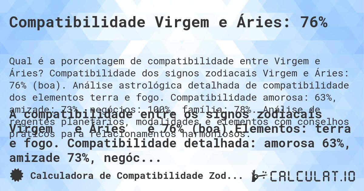 Compatibilidade Virgem e Áries: 76%. Compatibilidade dos signos zodiacais Virgem e Áries: 76% (boa). Análise astrológica detalhada de compatibilidade dos elementos terra e fogo. Compatibilidade amorosa: 63%, amizade: 73%, negócios: 100%, família: 78%. Análise de regentes planetários, modalidades e elementos com conselhos práticos para relacionamentos harmoniosos.