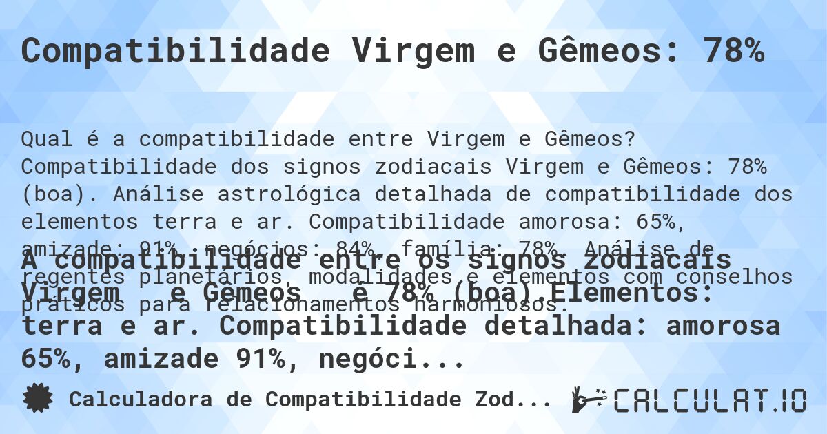 Compatibilidade Virgem e Gêmeos: 78%. Compatibilidade dos signos zodiacais Virgem e Gêmeos: 78% (boa). Análise astrológica detalhada de compatibilidade dos elementos terra e ar. Compatibilidade amorosa: 65%, amizade: 91%, negócios: 84%, família: 78%. Análise de regentes planetários, modalidades e elementos com conselhos práticos para relacionamentos harmoniosos.