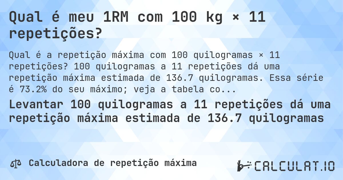 Qual é meu 1RM com 100 kg × 11 repetições?. 100 quilogramas a 11 repetições dá uma repetição máxima estimada de 136.7 quilogramas. Essa série é 73.2% do seu máximo; veja a tabela completa.