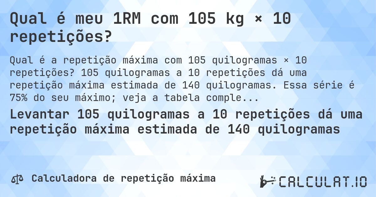Qual é meu 1RM com 105 kg × 10 repetições?. 105 quilogramas a 10 repetições dá uma repetição máxima estimada de 140 quilogramas. Essa série é 75% do seu máximo; veja a tabela completa.