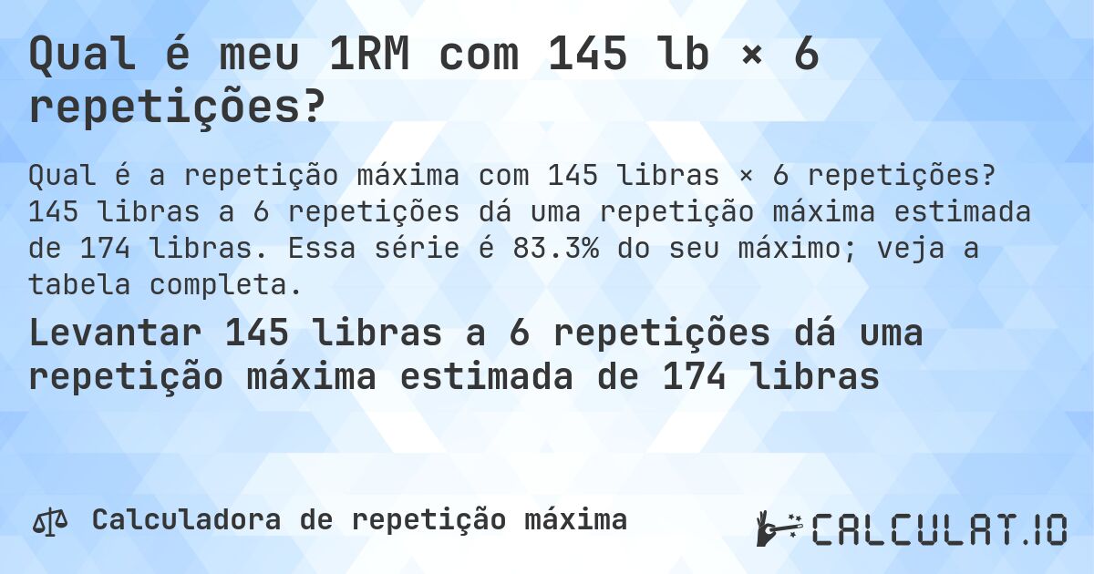 Qual é meu 1RM com 145 lb × 6 repetições?. 145 libras a 6 repetições dá uma repetição máxima estimada de 174 libras. Essa série é 83.3% do seu máximo; veja a tabela completa.