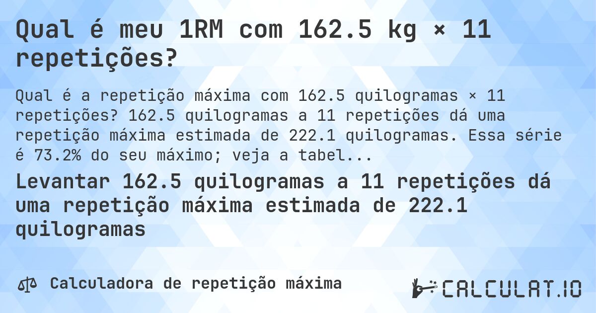 Qual é meu 1RM com 162.5 kg × 11 repetições?. 162.5 quilogramas a 11 repetições dá uma repetição máxima estimada de 222.1 quilogramas. Essa série é 73.2% do seu máximo; veja a tabela completa.