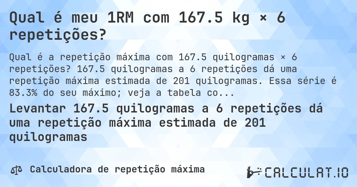 Qual é meu 1RM com 167.5 kg × 6 repetições?. 167.5 quilogramas a 6 repetições dá uma repetição máxima estimada de 201 quilogramas. Essa série é 83.3% do seu máximo; veja a tabela completa.