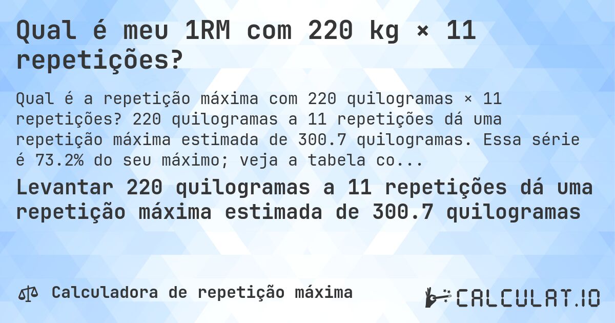 Qual é meu 1RM com 220 kg × 11 repetições?. 220 quilogramas a 11 repetições dá uma repetição máxima estimada de 300.7 quilogramas. Essa série é 73.2% do seu máximo; veja a tabela completa.