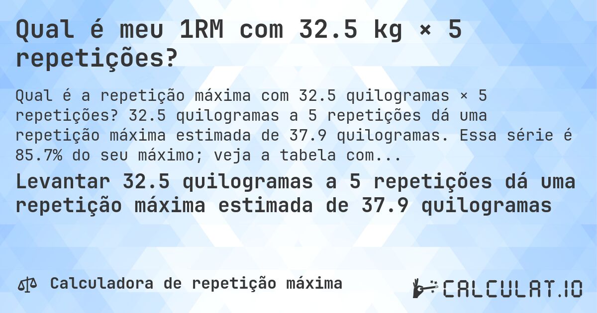 Qual é meu 1RM com 32.5 kg × 5 repetições?. 32.5 quilogramas a 5 repetições dá uma repetição máxima estimada de 37.9 quilogramas. Essa série é 85.7% do seu máximo; veja a tabela completa.